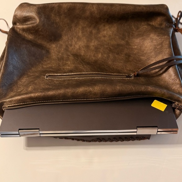 Shomico Brown Metallic PU Leather Fringe Detail Boho Zipper Shoulder Bag Large - Picture 9 of 15